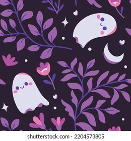 Seamless Halloween Pattern Design with hand drawn ghosts and floral elements. Cute halloween elements in flat style.
