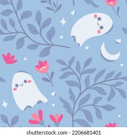 Seamless Halloween Pattern Design with hand drawn ghosts and floral elements. Cute halloween elements in flat style.