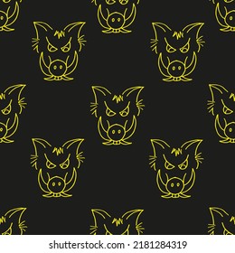 Seamless halloween pattern with a devil with big teeth and an evil look. Neon background with devil with fangs. Halloween concept.