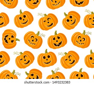 Seamless Halloween pattern with different smiling pumpkins on transparent background. Textile, wrapping paper