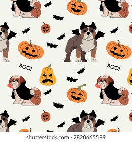 Seamless Halloween pattern with dogs in spooky costumes, smiling pumpkins, bats, and Boo text on a light background.