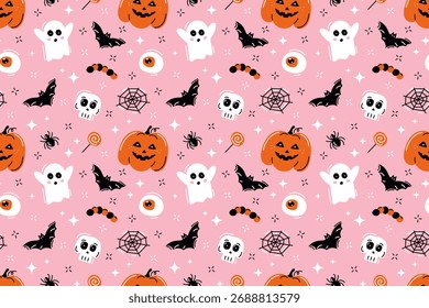 Padrão de Halloween perfeito. Doodle fantasma e abóbora, morcego, teia de aranha e crânio. Fundo rosa. Design para embrulhar papel, têxteis, tecido e roupas. Ilustração vetorial.
