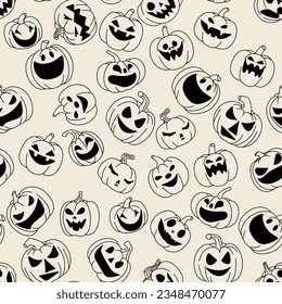 Seamless Halloween pattern in doodle style. Jack O Lantern seamless pattern. Background with Halloween pumpkin. Hand drawn vector illustration. 