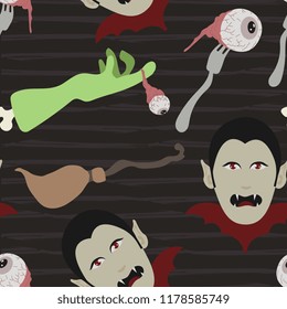 Seamless halloween pattern with dracula head, creepy hand and eye, and broom background multicolor. Vector illustration for baby and kids.