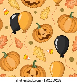 Seamless Halloween pattern with halloween elements for greeting card, gift box, wallpaper, fabric, web design. 