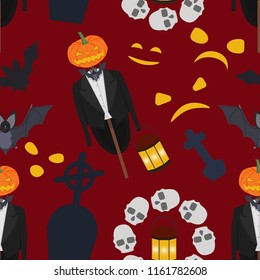 Seamless Halloween Pattern with evil Scarecrow, skull, tombstone, lantern and silhouette of faces on crimson background. Vector design illustration