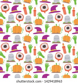 seamless halloween pattern. eye ball, hat, zombie hand, pumpkin, candle, grave
