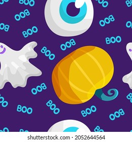 
Seamless halloween pattern with eye, ghost and pumpkin on purple background.
