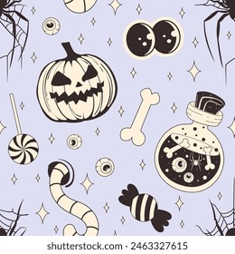 Seamless Halloween pattern with eyes, magic potion, bones, evil pumpkin, worm, stars, spider on a web, and candies. Spooky pattern for printing, textiles, social media