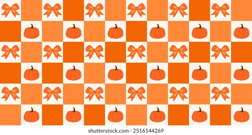 Padrão de Halloween sem costura apresenta abóboras e arcos em cores laranja. Plano de fundo verificado. Fundo de Groovy gingham. Dia de Ação de Graças. Plano de fundo da colheita. Queda faixas de férias acolhedoras.