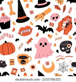 Seamless Halloween pattern featuring adorable pink ghosts, candy, cute skulls, witch hats, and festive Halloween icons on a light background. 