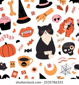 Seamless Halloween pattern featuring adorable black cats, candy, cute skulls, witch hats, and festive Halloween icons on a light background. Perfect for seasonal fabric, party decor