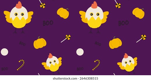 Seamless Halloween pattern featuring adorable chicks in eggshells, pumpkins, candy, and "boo" text on a dark purple background. Great for kids' holiday designs.
