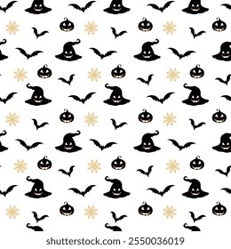 Seamless Halloween pattern featuring bats, jack-o'-lanterns, witch hats, and spiderwebs. Perfect for festive decorations, digital designs, crafts, and seasonal holiday projects.