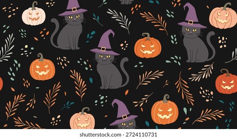 Seamless halloween pattern featuring black cats wearing purple witch hats and carved jack-o-lantern pumpkins on dark background.