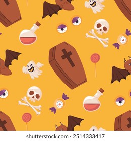 A seamless Halloween pattern featuring coffins, ghosts, and bats in a spooky style. This vector illustration is great for Halloween decor and party designs.