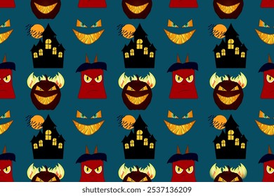 Seamless Halloween pattern featuring creepy demons, haunted houses, and eerie pumpkin faces on a dark background. Perfect for spooky designs.