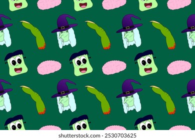 Seamless Halloween pattern featuring cute monsters, witches, brains, and zombie fingers. Fun and spooky design for kids and adults.