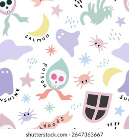 Um padrão de Halloween sem costura com crânios, fantasmas, estrelas, monstros e elementos assustadores. Perfeito para produtos infantis, papéis de parede, têxteis, envoltórios de presentes e decoração de berçário.