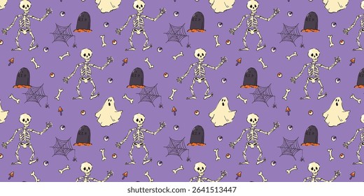 Seamless Halloween pattern featuring dancing skeletons, spooky ghosts, tombstones, spiderwebs, eyeballs, mushrooms, and bones on a purple background.
