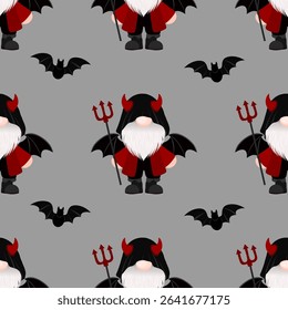 Seamless Halloween pattern featuring a devil gnome with bat wings and red pitchfork on a gray background. Perfect for spooky fabric and festive designs.