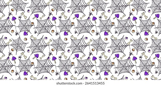 Seamless Halloween pattern featuring hand-drawn spiderwebs, creepy bones, cartoon spiders, eyeballs, and magical mushrooms.