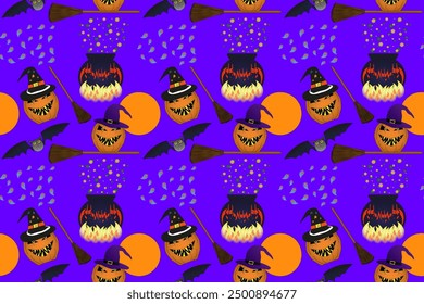 Seamless Halloween pattern featuring jack-o-lanterns, cauldrons, bats, and broomsticks. Perfect for festive decorations and crafts.