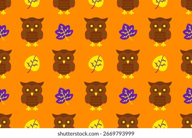 Seamless Halloween pattern featuring owls and autumn leaves on orange background. Perfect for fall crafts, invitations, and seasonal textiles.