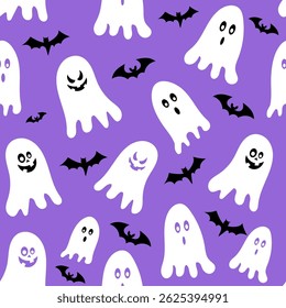 Seamless Halloween pattern featuring playful ghosts and bats on a vibrant purple background,