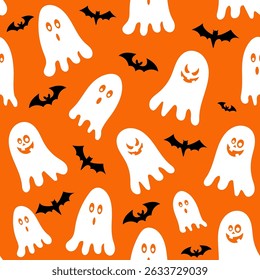 Seamless Halloween pattern featuring playful ghosts and bats on a vibrant orange background,