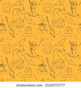 Seamless Halloween pattern featuring pumpkins, ghosts, bats, tombstones, candy, and death figures in dark outlines on a yellow background.