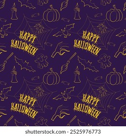 Seamless Halloween pattern featuring pumpkins, ghosts, bats, broomsticks, candles, spider webs, and candy with orange "Happy Halloween" text on a dark background.