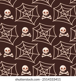 A seamless Halloween pattern featuring skulls and spider webs in a spooky style. This vector illustration is perfect for Halloween-themed designs.