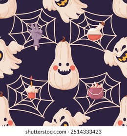 A seamless Halloween pattern featuring smiling ghosts, spider webs, and playful pumpkins. This vector illustration is ideal for festive Halloween decor and designs.