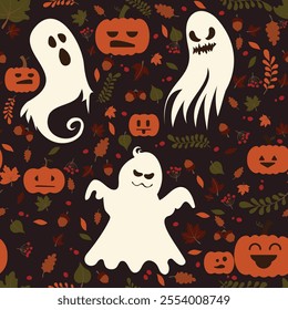 Seamless Halloween pattern featuring spooky ghosts, carved pumpkins, autumn leaves, acorns, and berries on a dark background.