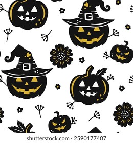 Seamless Halloween Pattern Featuring Spooky Jack O Lantern Pumpkins, Witch Hats, And Floral Elements On White Background  