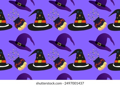 A seamless Halloween pattern featuring witch hats, cauldrons, and candles. Perfect for festive decorations and spooky designs.