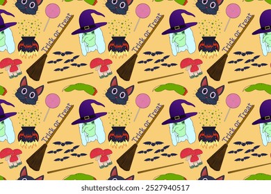 Seamless Halloween pattern featuring witches, cats, brooms, bats, and spooky elements. Perfect for festive backgrounds and themed designs.