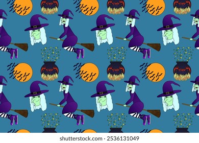 Seamless Halloween pattern featuring witches on brooms, bats, cauldrons, and a spooky full moon. Perfect for festive backgrounds and decorations.