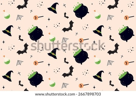 Seamless Halloween pattern in flat kawaii style on beige background. Spooky cute pattern with witch hat, cauldron, potion, bat. Design for backdrop, wrapping paper, fabric print. Vector illustration. 