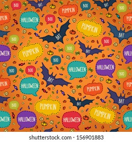 Seamless Halloween pattern with flying bats and text bubbles. Vector illustration. Trick or treat.