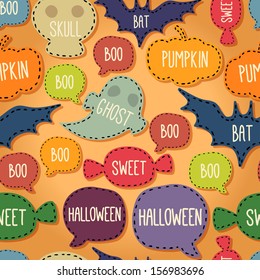 Seamless Halloween pattern with flying bats and text bubbles. Vector illustration