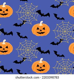 Seamless Halloween pattern with flying bats around Jack O Lantern and spider web. Hand drawn vector illustration for Halloween party decoration, scrapbooking, textile, greeting cards design.