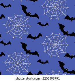 Seamless Halloween pattern with flying bats around spider webs. Hand drawn vector illustration for Halloween party decoration, scrapbooking, textile, greeting cards design, wall paper.