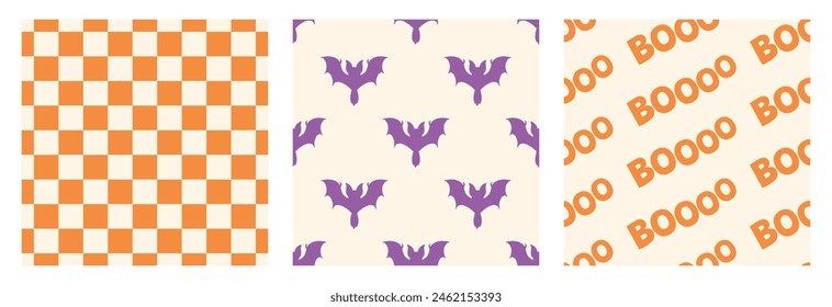 Seamless Halloween pattern with flying bats, 'boo,' and a chessboard. Set of patterns for gift wrapping, printed products, social media, and stories. Vector seamless patterns for a Happy Halloween