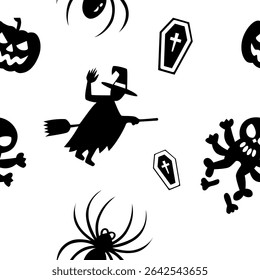 Seamless Halloween pattern with flying witch, coffins, spiders and pumpkins on white background, Flat Illustration