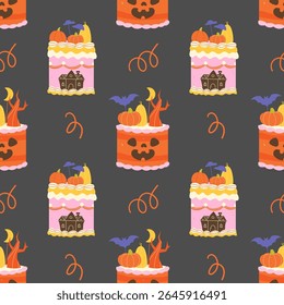 Seamless Halloween pattern with fun and delicious cakes