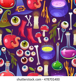 Seamless halloween pattern. Funny background with scary objects. Vector set with eyes,
potion, spider, candy, apple with worm, witches boots in cartoon style.