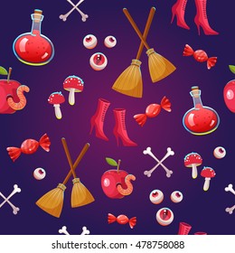 Seamless halloween pattern. Funny background with scary objects. Vector set with eyes,
potion, spider, candy, apple with worm, witches boots in cartoon style.