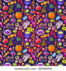 Seamless halloween pattern. Funny background with scary objects. Vector illustration with eyes, potion, spider, bones, bringing, pumpkin, witches boots and hat in cartoon style.